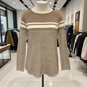 Karen Scott Taupe & White Striped Knit Crewneck Sweater/ Size MP